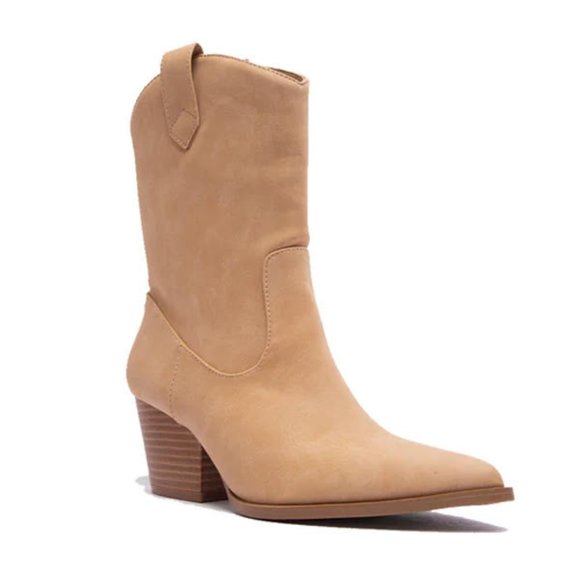 NEW Tan Distress Nubuck Faux Leather Pointy Toe Block Heel Western Ankle Boots - Picture 11 of 11